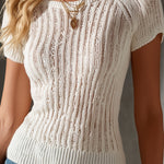 ElevenOra Chic Elegant White Round-Neck Short-Sleeve Slim-Fit Mesh Ribbed Knit Sweater Top