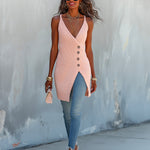 ElevenOra Chic Elegant Pink Spaghetti Straps V-Neck Sleeveless Single-Breasted Long Waffle Knit Vest Top