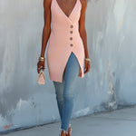 ElevenOra Chic Elegant Pink Spaghetti Straps V-Neck Sleeveless Single-Breasted Long Waffle Knit Vest Top