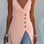 ElevenOra Chic Elegant Pink Spaghetti Straps V-Neck Sleeveless Single-Breasted Long Waffle Knit Vest Top