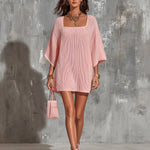 ElevenOra Chic Elegant Pink Square-Neck Half-Flare-Sleeve Oversize A-Line Ribbed Knit Mini Dress