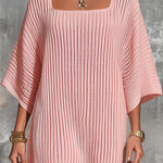 ElevenOra Chic Elegant Pink Square-Neck Half-Flare-Sleeve Oversize A-Line Ribbed Knit Mini Dress