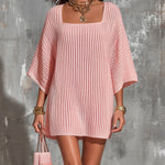 ElevenOra Chic Elegant Pink Square-Neck Half-Flare-Sleeve Oversize A-Line Ribbed Knit Mini Dress