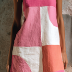 ElevenOra Chic Casual Pink-White Colorblock Spaghetti-Strap Square-Neck Sleeveless Loose-Fit Cotton-Linen Blend Mini Dress