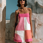 ElevenOra Chic Casual Pink-White Colorblock Spaghetti-Strap Square-Neck Sleeveless Loose-Fit Cotton-Linen Blend Mini Dress