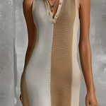 ElevenOra Chic Elegant White-Camel Colorblock Polo-Neck Button-Front Sleeveless Loose-Fit Mesh Holiday Knit Maxi Dress