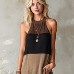 ElevenOra Chic Elegant Camel-Black Colorblock Round-Halter-Neck Sleeveless A-Line Loose-Fit Knit Vest Top