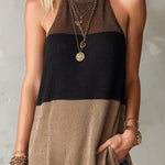 ElevenOra Chic Elegant Camel-Black Colorblock Round-Halter-Neck Sleeveless A-Line Loose-Fit Knit Vest Top