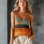 ElevenOra Chic Elegant Orange-Blue Colorblock V-Neck Sleeveless A-Line Loose-Fit Knit Vest Top