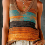 ElevenOra Chic Elegant Orange-Blue Colorblock V-Neck Sleeveless A-Line Loose-Fit Knit Vest Top