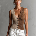ElevenOra Chic Elegant Brown-Camel Colorblock V-Neck Sleeveless Single-Breasted Slim-Fit Knit Vest Top