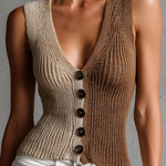 ElevenOra Chic Elegant Brown-Camel Colorblock V-Neck Sleeveless Single-Breasted Slim-Fit Knit Vest Top