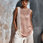 ElevenOra Chic Casual Pink-White Colorblock Crew-Neck Sleeveless Loose-Fit Mesh Knit Vest Top