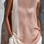 ElevenOra Chic Casual Pink-White Colorblock Crew-Neck Sleeveless Loose-Fit Mesh Knit Vest Top