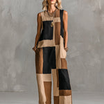 ElevenOra Chic Elegant Camel-Black Geometrical Colorblock Printed Round-Neck Sleeveless Loose-Fit Jumpsuit