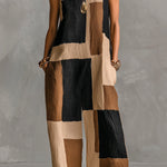 ElevenOra Chic Elegant Camel-Black Geometrical Colorblock Printed Round-Neck Sleeveless Loose-Fit Jumpsuit