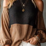 ElevenOra Chic Elegant Camel-Black Colorblock Round-Neck Cold-Shoulder Lantern-Sleeve Loose-Fit Knit Sweater Top