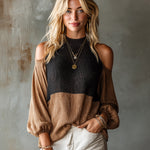 ElevenOra Chic Elegant Camel-Black Colorblock Round-Neck Cold-Shoulder Lantern-Sleeve Loose-Fit Knit Sweater Top