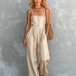 ElevenOra Chic Elegant Beige Stripes Cotton-Linen Blend Spaghetti Straps Square-Neck Sleeveless Loose-Fit Straight-Leg Jumpsuit