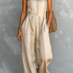 ElevenOra Chic Elegant Beige Stripes Cotton-Linen Blend Spaghetti Straps Square-Neck Sleeveless Loose-Fit Straight-Leg Jumpsuit