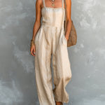 ElevenOra Chic Elegant Beige Stripes Cotton-Linen Blend Spaghetti Straps Square-Neck Sleeveless Loose-Fit Straight-Leg Jumpsuit