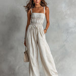 ElevenOra Chic Elegant Beige Stripes Cotton-Linen Blend Spaghetti Straps Square-Neck Sleeveless Drawstring-Waist Wide-Leg Jumpsuit