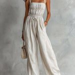 ElevenOra Chic Elegant Beige Stripes Cotton-Linen Blend Spaghetti Straps Square-Neck Sleeveless Drawstring-Waist Wide-Leg Jumpsuit