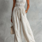 ElevenOra Chic Elegant Beige Stripes Cotton-Linen Blend Spaghetti Straps Square-Neck Sleeveless Drawstring-Waist Wide-Leg Jumpsuit