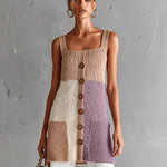 ElevenOra Chic Elegant Camel-Purple Colorblock Square-Neck Sleeveless Patch Pockets A-Line Loose-Fit Knit Vest Top