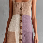ElevenOra Chic Elegant Camel-Purple Colorblock Square-Neck Sleeveless Patch Pockets A-Line Loose-Fit Knit Vest Top