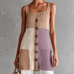 ElevenOra Chic Elegant Camel-Purple Colorblock Square-Neck Sleeveless Patch Pockets A-Line Loose-Fit Knit Vest Top
