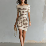 ElevenOra Chic Elegant Beige-Brown Geometrical Jacquard Off-The-Shoulder Short-Sleeve Slim-Fit Knit Mini Dress