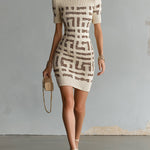 ElevenOra Chic Elegant Beige-Brown Geometrical Jacquard Off-The-Shoulder Short-Sleeve Slim-Fit Knit Mini Dress