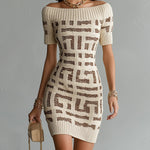 ElevenOra Chic Elegant Beige-Brown Geometrical Jacquard Off-The-Shoulder Short-Sleeve Slim-Fit Knit Mini Dress