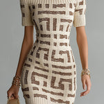 ElevenOra Chic Elegant Beige-Brown Geometrical Jacquard Off-The-Shoulder Short-Sleeve Slim-Fit Knit Mini Dress