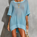 ElevenOra Chic Elegant Blue Square-Neck Short-Sleeve Rib Detail Loose-Fit Mesh Knit Mini Dress