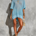 ElevenOra Chic Elegant Blue Square-Neck Short-Sleeve Rib Detail Loose-Fit Mesh Knit Mini Dress