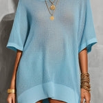 ElevenOra Chic Elegant Blue Square-Neck Short-Sleeve Rib Detail Loose-Fit Mesh Knit Mini Dress