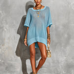 ElevenOra Chic Elegant Blue Square-Neck Short-Sleeve Rib Detail Loose-Fit Mesh Knit Mini Dress