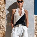 ElevenOra Chic Elegant Black-White Colorblock Halter V-Neck Sleeveless Loose-Fit Mesh Knit Tank Top