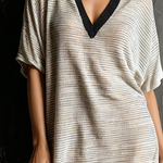 ElevenOra Chic Elegant Off-White Contrast Lapel Collar V-Neck Short Sleeve Loose-Fit Open Striped Mesh Knit Mini Dress