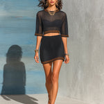 ElevenOra Chic Elegant Black Round-Neck Half-Sleeve Golden Trim Detail Cropped Top Bodycon Mini Skirt Mesh-Knit Two-Piece Set