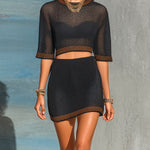 ElevenOra Chic Elegant Black Round-Neck Half-Sleeve Golden Trim Detail Cropped Top Bodycon Mini Skirt Mesh-Knit Two-Piece Set
