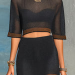 ElevenOra Chic Elegant Black Round-Neck Half-Sleeve Golden Trim Detail Cropped Top Bodycon Mini Skirt Mesh-Knit Two-Piece Set