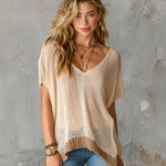 ElevenOra Chic Elegant Beige V-Neck Short-Sleeve Camel Rib Hem Detail Loose-Fit Mesh-Knit Sweater