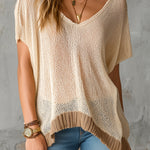 ElevenOra Chic Elegant Beige V-Neck Short-Sleeve Camel Rib Hem Detail Loose-Fit Mesh-Knit Sweater