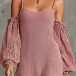 ElevenOra Chic Elegant Pink Spaghetti Straps Long-Lantern-Sleeve Slim-Fit A-Line Mesh-Knit Mini Dress