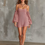 ElevenOra Chic Elegant Pink Spaghetti Straps Long-Lantern-Sleeve Slim-Fit A-Line Mesh-Knit Mini Dress