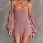 ElevenOra Chic Elegant Pink Spaghetti Straps Long-Lantern-Sleeve Slim-Fit A-Line Mesh-Knit Mini Dress