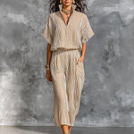 ElevenOra Chic Elegant Camel Stripes Cotton Linen Blend Stand-Collar Short-Sleeve Shirt Elastic-Waist Cropped Pants Loose-Fit Two-Piece Set